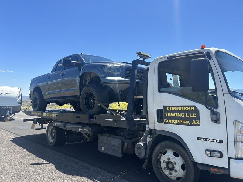 Toyota Tundra on the flatbed, desert highway